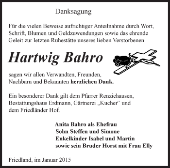 Traueranzeige von Hartwig Bahro von Märkische Oderzeitung