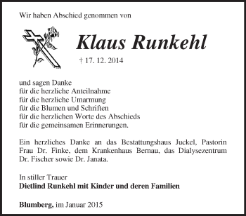 Traueranzeige von Klaus Runkehl von Märkische Oderzeitung