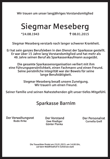 Traueranzeige von Siegmar Meseberg von Märkische Oderzeitung