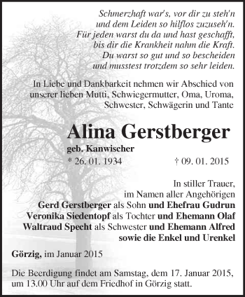 Traueranzeige von Alina Gerstberger von Märkische Oderzeitung