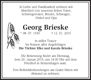 Traueranzeige von Georg Brieske von Märkische Oderzeitung