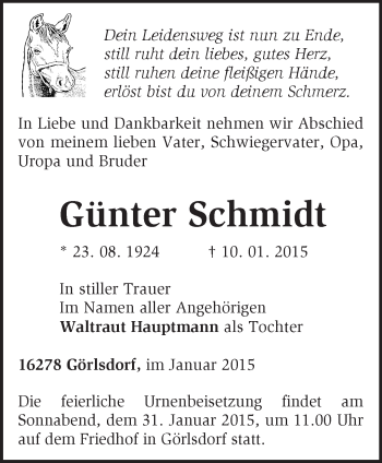 Traueranzeige von Günter Schmidt von Märkische Oderzeitung