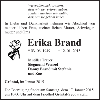 Traueranzeige von Erika Brand von Märkische Oderzeitung