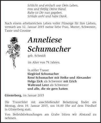 Traueranzeige von Anneliese Schumacher von Märkische Oderzeitung