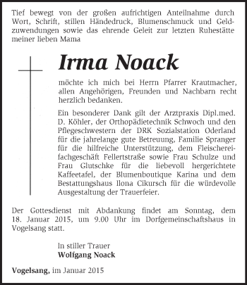 Traueranzeige von Irma Noack von Märkische Oderzeitung