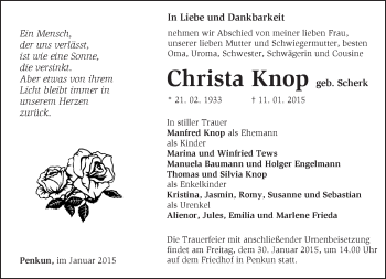 Traueranzeige von Christa Knop von Märkische Oderzeitung