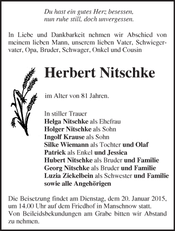 Traueranzeige von Herbert Nitschke von Märkische Oderzeitung