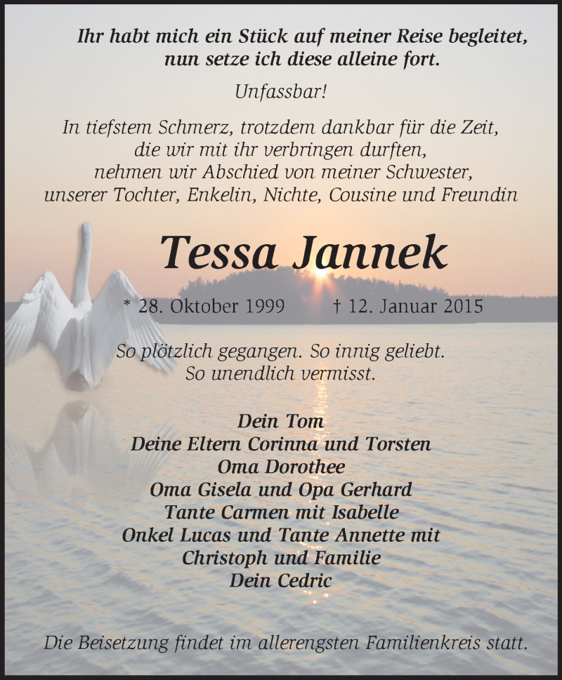  Traueranzeige für Tessa Jannek vom 16.01.2015 aus Märkische Oderzeitung