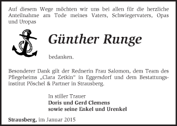 Traueranzeige von Günther Runge von Märkische Oderzeitung