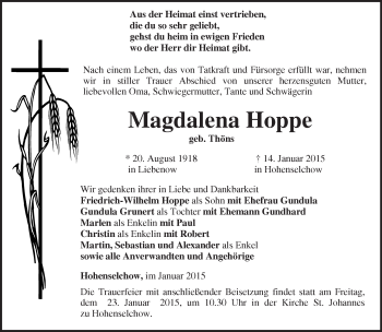 Traueranzeige von Magdalena Hoppe von Märkische Oderzeitung