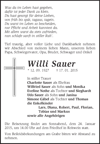 Traueranzeige von Willi Sauer von Märkische Oderzeitung