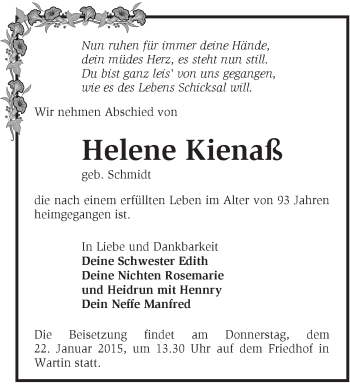 Traueranzeige von Helene Kienaß von Märkische Oderzeitung