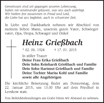 Traueranzeige von Heinz Grießbach von Märkische Oderzeitung