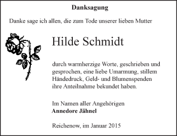 Traueranzeige von Hilde Schmidt von Märkische Oderzeitung