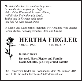 Traueranzeige von Hertha Fiegler von Märkische Oderzeitung