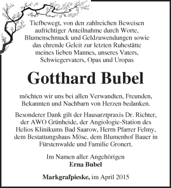 Traueranzeige von Gotthard Bubel von Märkische Oderzeitung