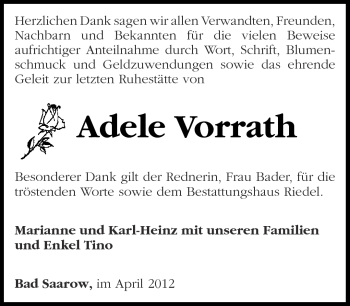 Traueranzeige von Adele Vorrath von Märkische Oderzeitung