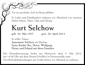 Traueranzeige von Kurt Selchow von Märkische Oderzeitung