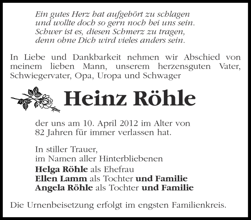 Traueranzeigen von Heinz Röhle | Märkische Onlinezeitung Trauerportal