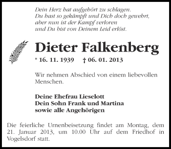 Traueranzeige von Dieter Falkenberg von Märkische Oderzeitung