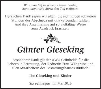 Traueranzeige von Günter Gieseking von Märkische Oderzeitung