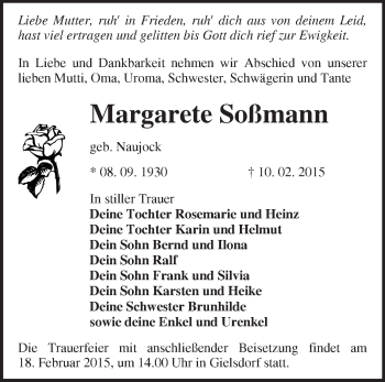 Traueranzeige von Margarete Soßmann von Märkische Oderzeitung