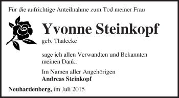 Traueranzeige von Yvonne Steinkopf von Märkische Oderzeitung