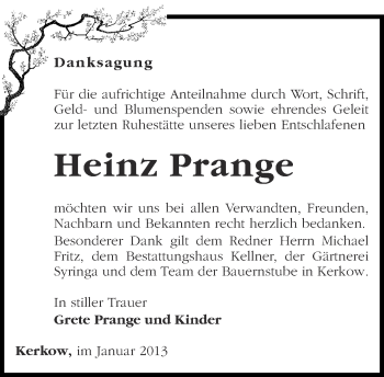 Traueranzeige von Heinz Prange von Märkische Oderzeitung