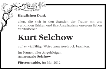 Traueranzeige von Kurt Selchow von Märkische Oderzeitung