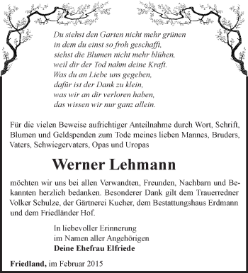 Traueranzeige von Werner Lehmann von Märkische Oderzeitung