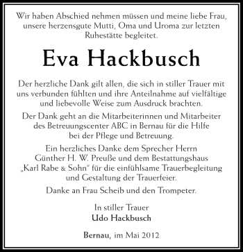 Traueranzeige von Eva Hackbusch von Märkische Oderzeitung