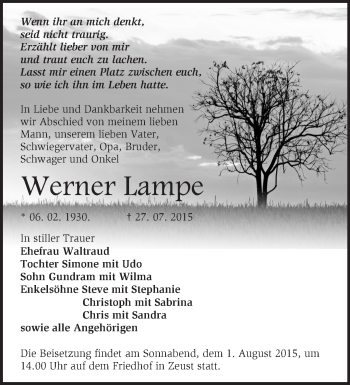 Traueranzeige von Werner Lampe von Märkische Oderzeitung