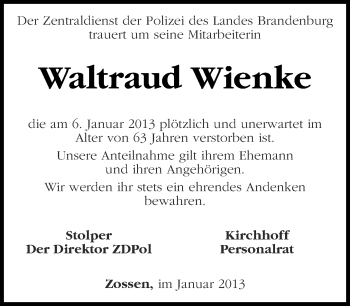 Traueranzeige von Waltraud Wienke von Märkische Oderzeitung