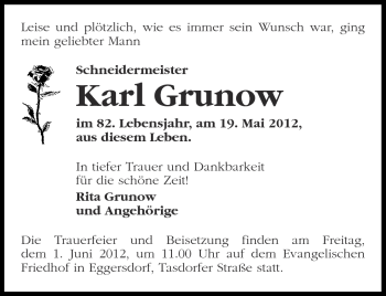 Traueranzeige von Karl Grunow von Märkische Oderzeitung