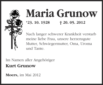 Traueranzeige von Maria Grunow von Märkische Oderzeitung