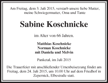 Traueranzeige von Sabine Koschnicke von Märkische Oderzeitung