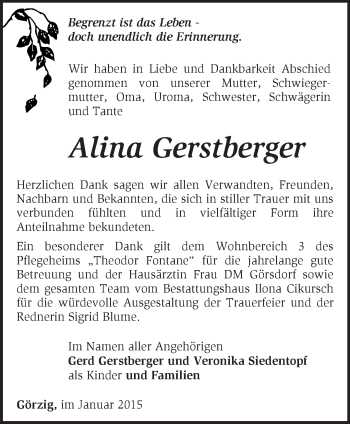 Traueranzeige von Alina Gerstberger von Märkische Oderzeitung