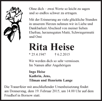 Traueranzeige von Rita Heise von Märkische Oderzeitung