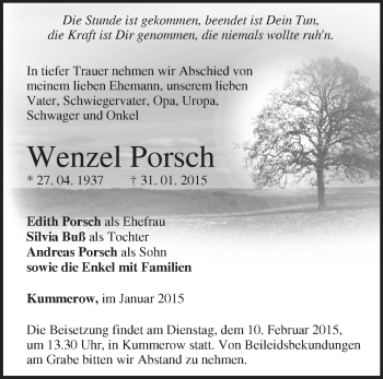 Traueranzeige von Wenzel Porsch von Märkische Oderzeitung