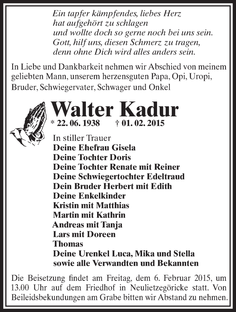  Traueranzeige für Walter Kadur vom 05.02.2015 aus Märkische Oderzeitung