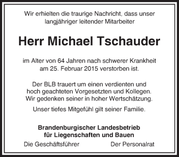 Traueranzeige von Michael Tschauder von Märkische Oderzeitung