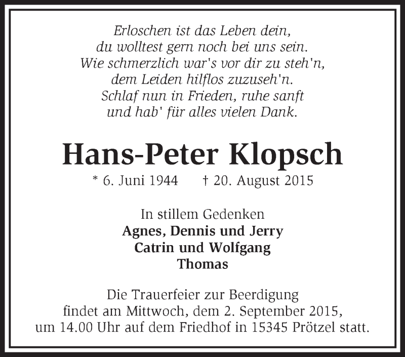  Traueranzeige für Hans-Peter Klopsch vom 29.08.2015 aus Märkische Oderzeitung