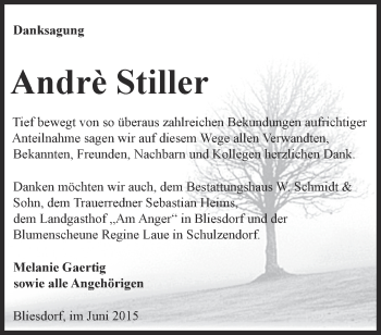 Traueranzeige von André Stiller von Märkische Oderzeitung