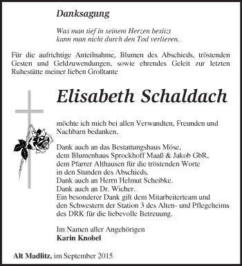 Traueranzeige von Elisabeth Schaldach von Märkische Oderzeitung