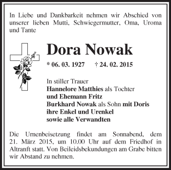 Traueranzeige von Dora Nowak von Märkische Oderzeitung