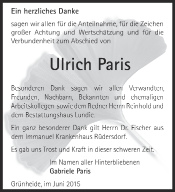 Traueranzeige von Ulrich Paris von Märkische Oderzeitung