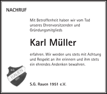 Traueranzeige von Karl Müller von Märkische Oderzeitung