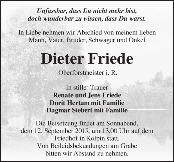 Traueranzeige von Dieter Friede von Märkische Oderzeitung