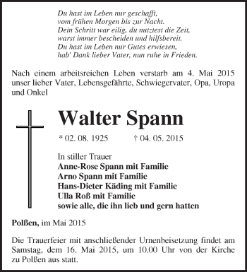 Traueranzeige von Walter Spann von Märkische Oderzeitung