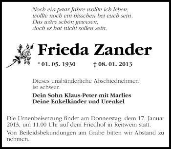 Traueranzeige von Frieda Zander von Märkische Oderzeitung